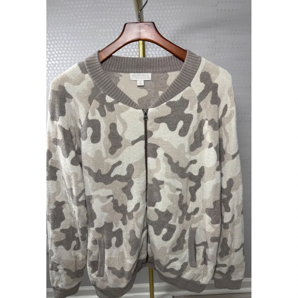 Barefoot Dreams CozyChic Ultra Lite Camo Full Zip Jacket Womens XL Gray Beige